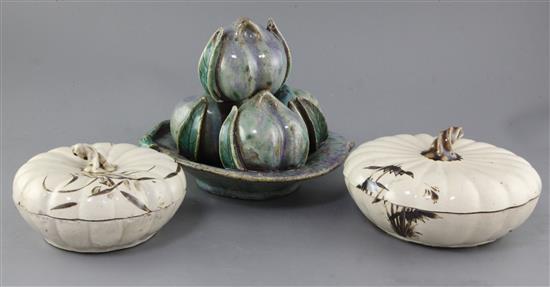 A Chinese Shiwan pottery model & two porcelain boxes
